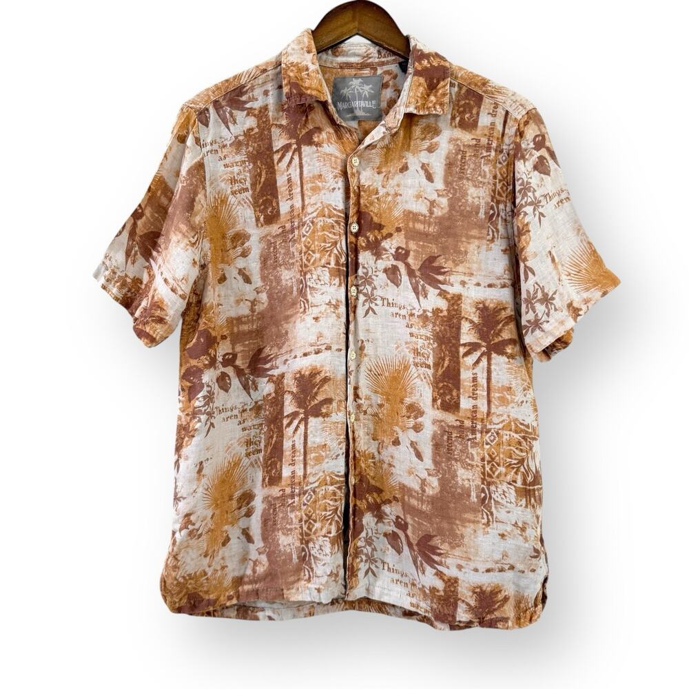 Margaritaville Mens Silk Linen Hawaiian Shirt Size M Short Sleeve Tan Palm Trees